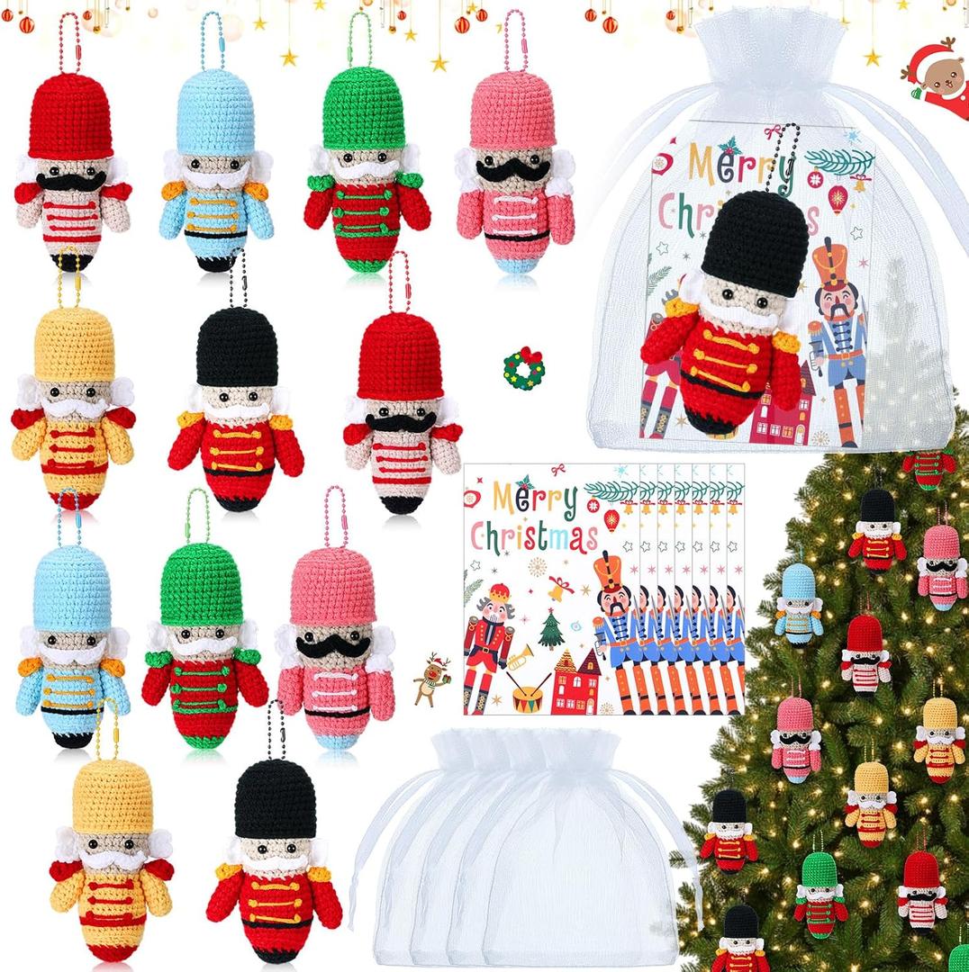 Motionchic 12 Sets Christmas Crochet Tree Ornaments Bulk, Positive Handmade Knitted Potato Animals Tree Decorations with Greeting Cards Cute Reindeer Santa Snowman Ball Ornament Holiday Party Favors