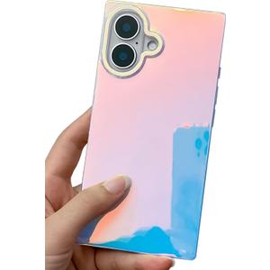 KERZZIL Cute Rectangle Edge Compatible with iPhone Case, Slim Colorful Holographic Glossy Soft TPU Protective Durable Cases Cover for Women Girls(Blueray, 17)