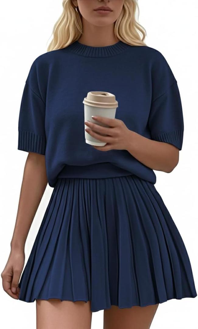 Womens 2 Piece Outfits 2026 Short Sleeve Crewneck Knit Tops And Pleated Mini Skirt Two Piece Sets (Small, Dark Blue)