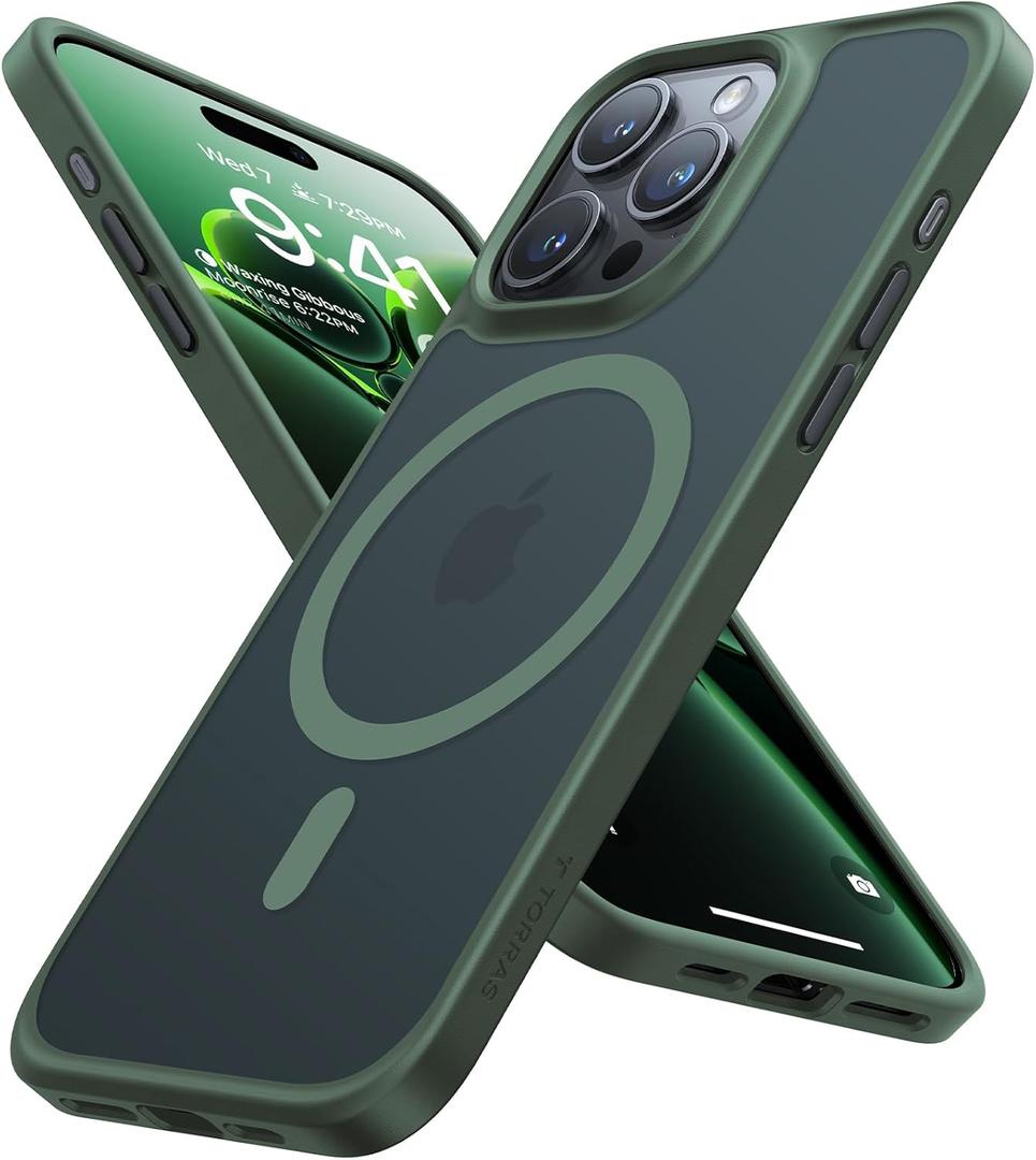 TORRAS Magnetic Shockproof for iPhone 15 Pro Case, [Military Grade Drop Tested][Compatible with MagSafe] Translucent Hard PC Back with Silicone Slim Protective Cover Anti Fingerprint, Green