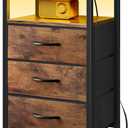 Lazzanto Night Stand Bedside Table Bedroom - Nightstand with Charging Station & LED Light Strip, Bed Side End Table with Storage Shelf & 3 Fabric Drawers, U-S-B Ports & AC Outlets, Rustic Brown