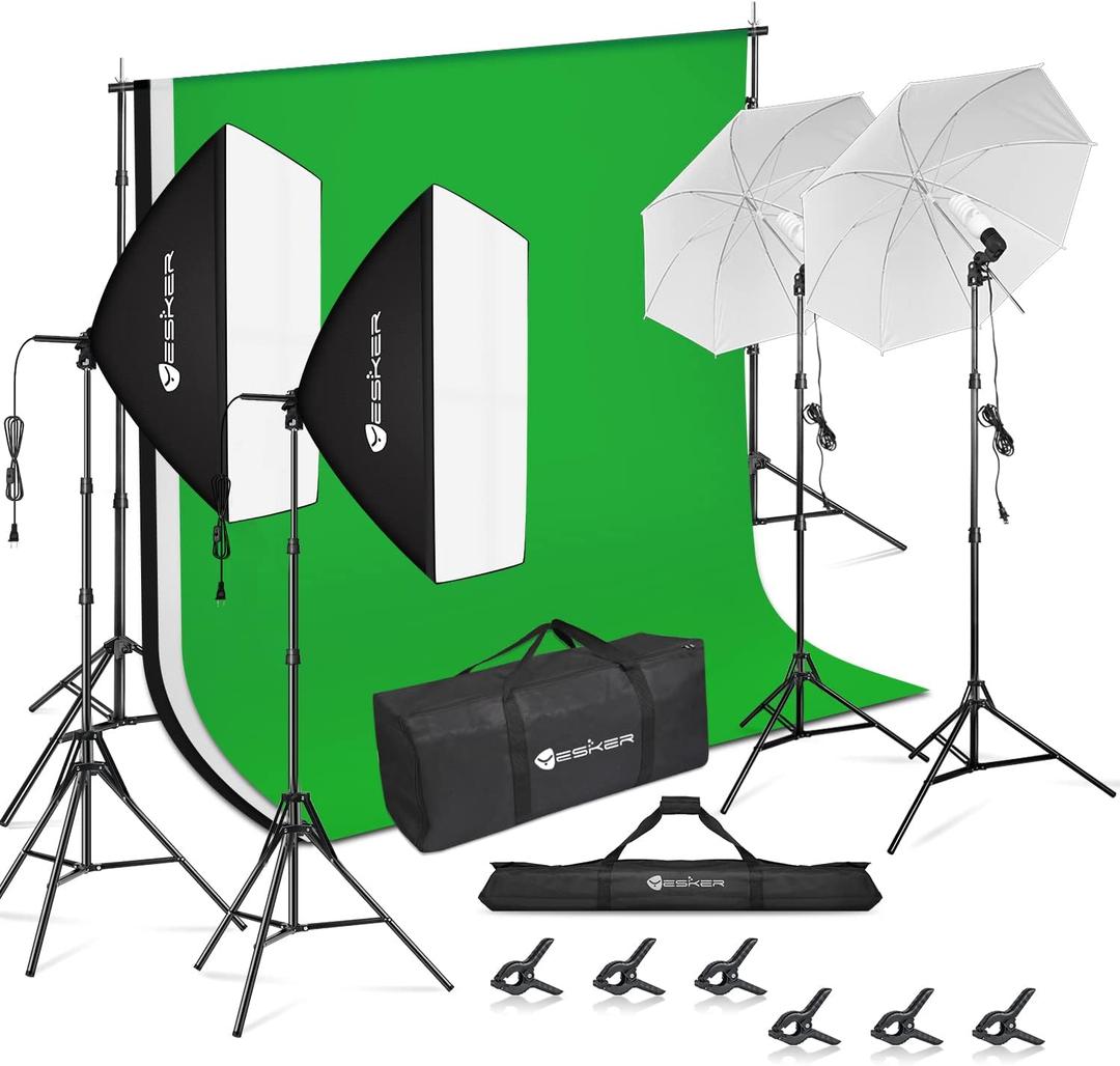 Yesker Photography Lighting Kit 8.5x10ft backdrop Support Equipment System Umbrella 5500k Light Bulb Softbox Continuous Lighting for Photo Shoot Studio Portrait Product and Video Recording Photography