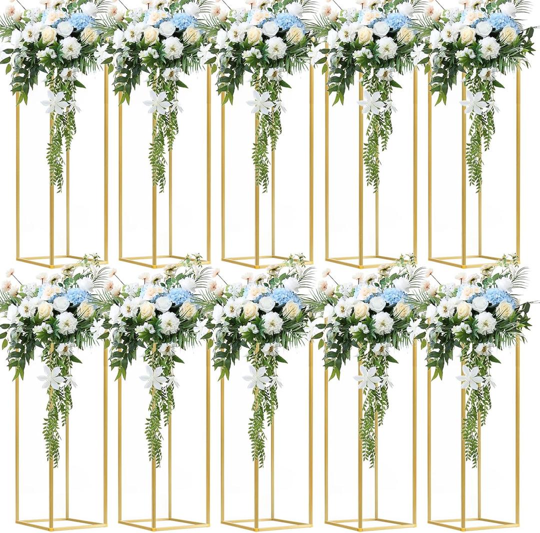 10 pcs 39.38 inch/100cm Gold Flower Stand Metal Vase Column Geometric Centerpiece Stands, Wedding Centerpieces Floor Vases Rectangular Flower Display Rack for Wedding, Party Decoration