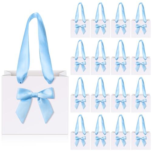 Kolldenn 50 Pcs No DIY Small Gift Bags with Blue Bow Ribbon 4''x2.7''x4.5'' Mini White Paper Thank You Bags Bulk with Handle for Baby Shower Wedding Party Favor Birthday Return Guests