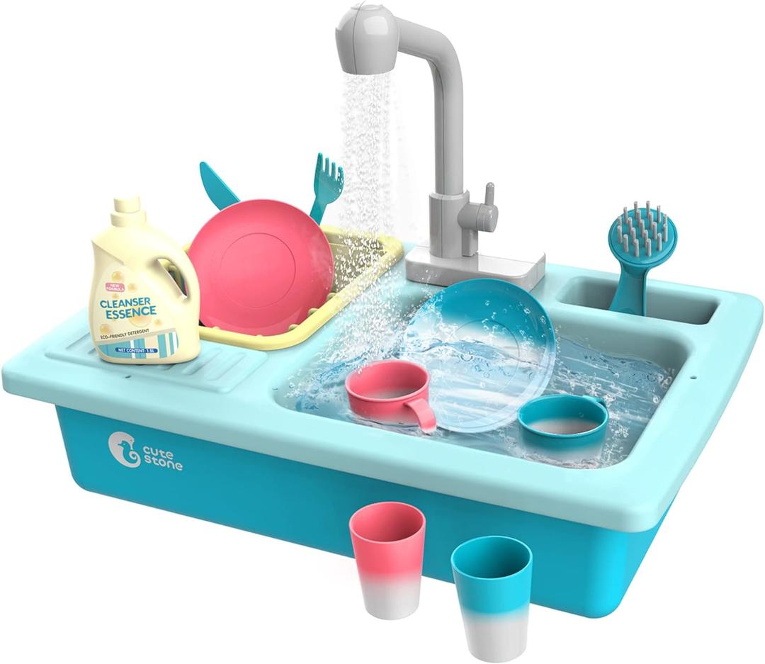 CUTE STONE Color Changing Kitchen Sink Toys, Children Electric Dishwasher Playing Toy with Running Water, Upgraded Faucet, Automatic Water Cycle System Play House Pretend Role Play Toys for Boys Girls, 16 X 11 X 4inches