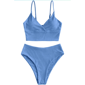 ZAFUL Women Tankini Set, Ribbed High Cut Surplice Swimsuit Bathing Suit with Spaghetti Straps, L