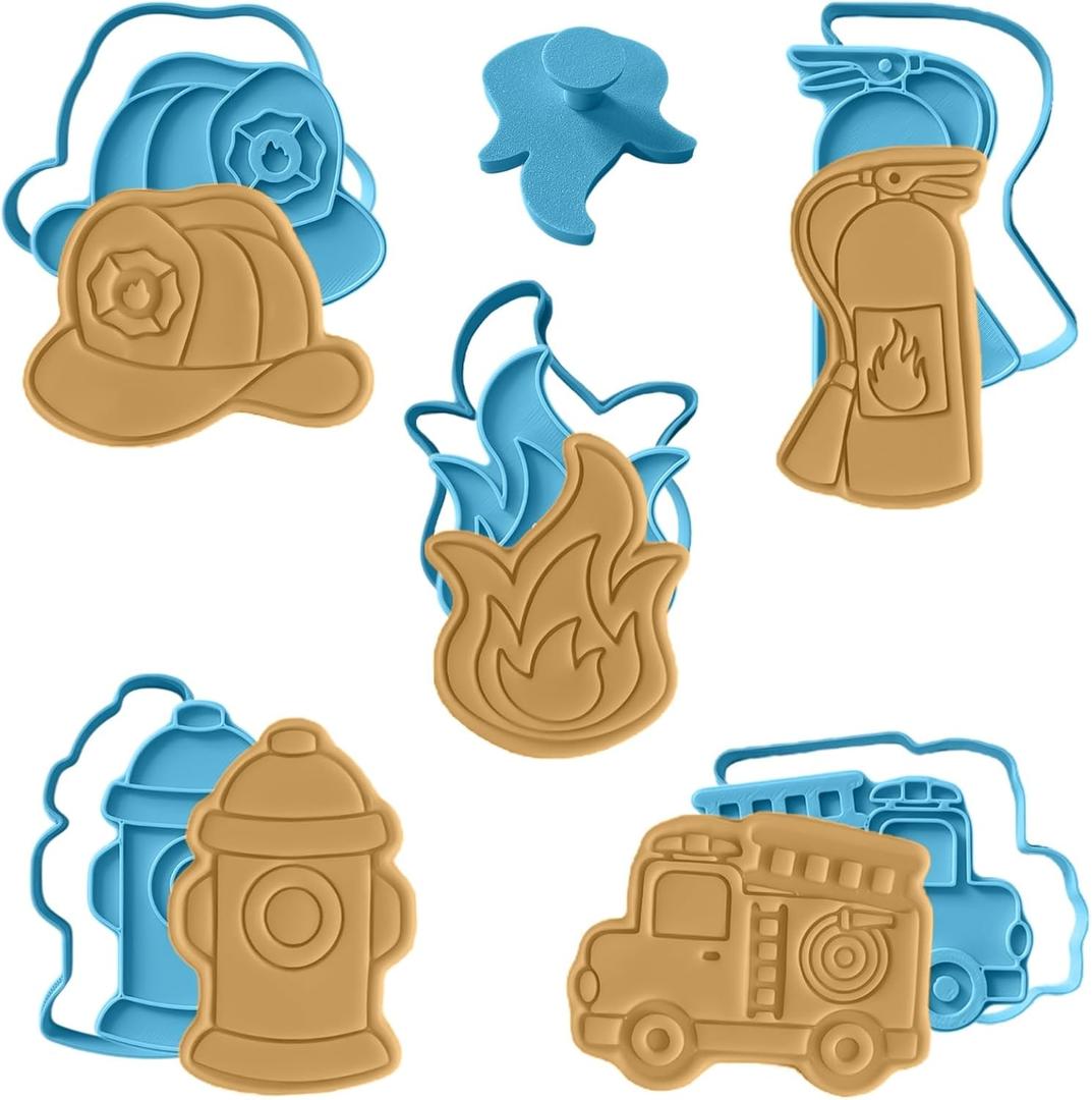 Firefighter Cookie Cutter and Stamp Set Moose Goods 5-Piece Baking Kit with Fire Truck, Flame, Helmet, Extinguisher & Hydrant Food Safe & Eco-Friendly Fun Kids Baking Molds