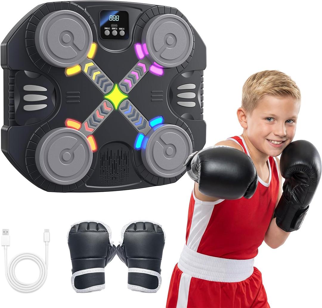 Music Boxing Machine for Kids, 2 3 4 5 6 7 8 Year Old Boy Birthday Gift, Wall Mounted Punching Target with LED Lights & Boxing Gloves, Fun Fitness Equipment for Teen Boys, Indoor Home,Office,Gym Play