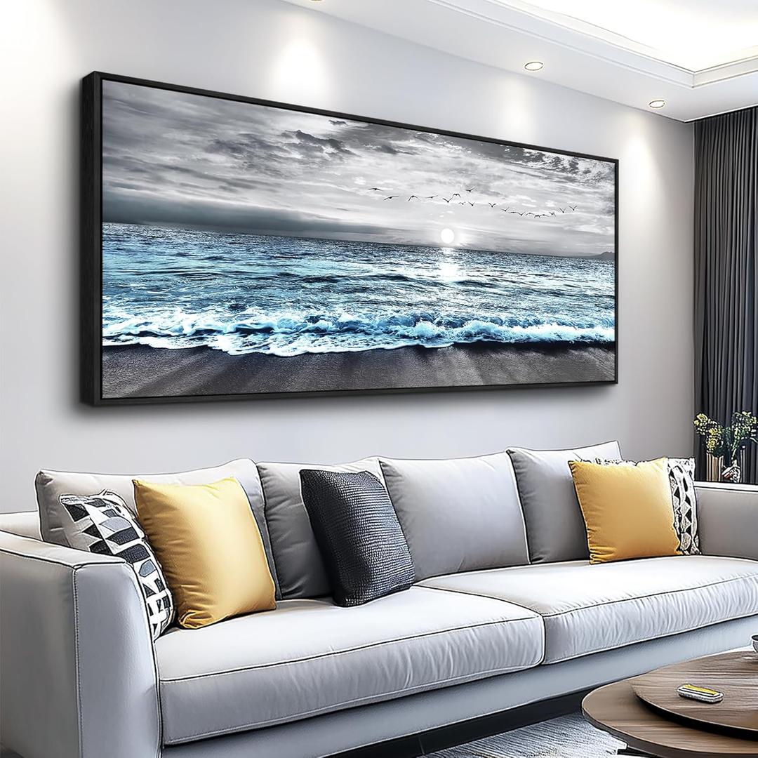 Wapluam Large Wall Art For Living Room Wall Decor For Office Black And White Painting Bedroom Wall Decorations Blue Sea Wave Pictures Artwork For Modern Black Framed Beach Canvas Prints Poster (72"L x 32"W)