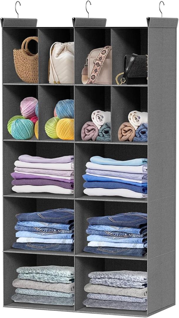 Ofiray-home 5 Tier Hanging Closet Organizer, 14 Compartments Sweater Organizer for Closet with 3 Sturdy Hooks, Closet Organizers and Storage, Wardrobe, Rv, Garment Rack, Grey, 11.8"D x 23"W x 41.5"H