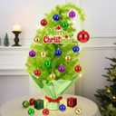 Realspring 2 ft Whimsical Tabletop Christmas Tree Small Bendable Artificial Lime Green Christmas Tree Decor with 21 Balls & Light & Hanging Ornaments Elf Xmas Holiday Decor for Home Office Fireplace
