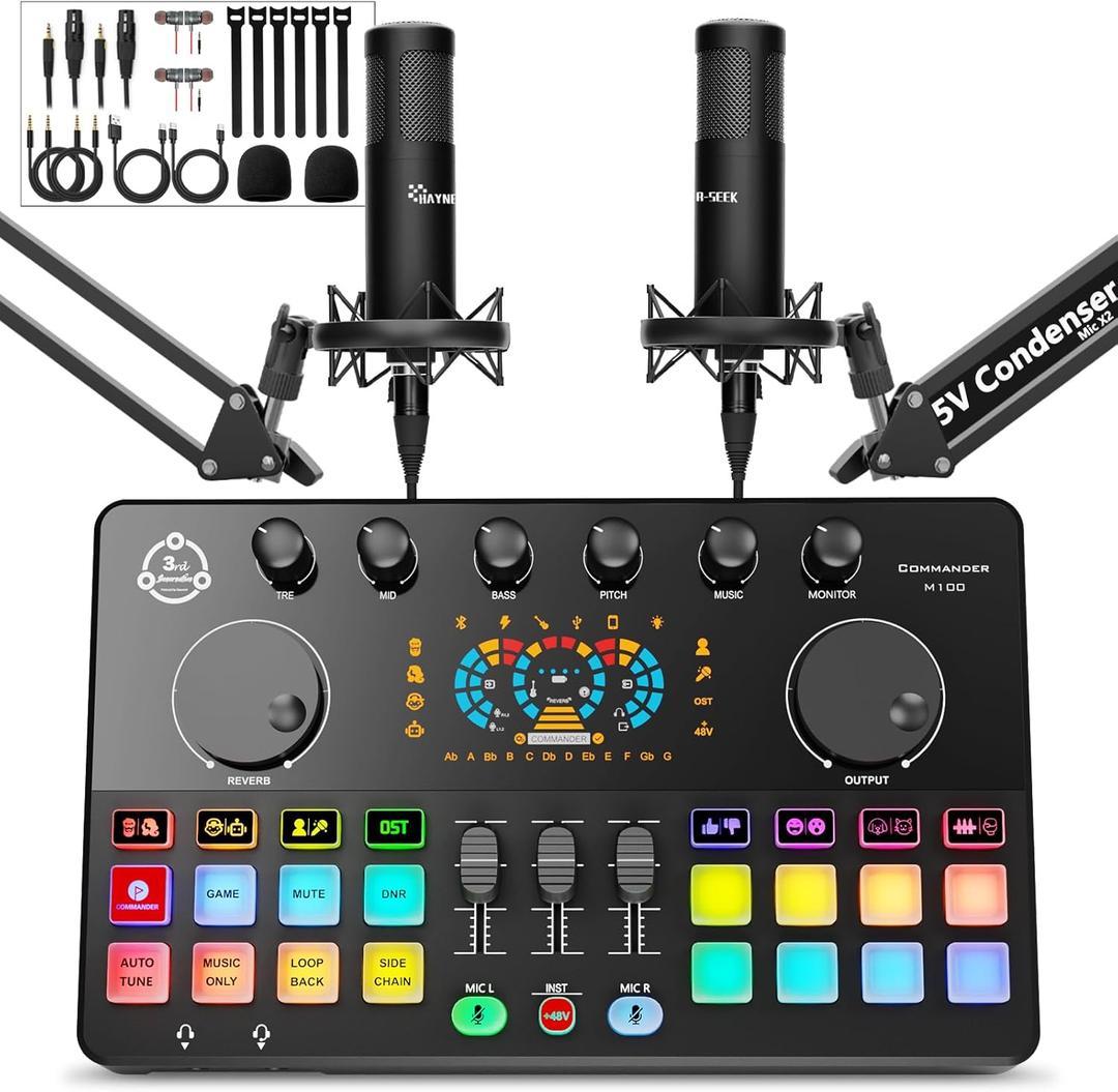Podcast Equipment Bundle for 2, Audio Interface with Condenser Microphone, Voice Change, DJ Mixer for Streaming, Podcast Recording COMMANDER M100 3rd