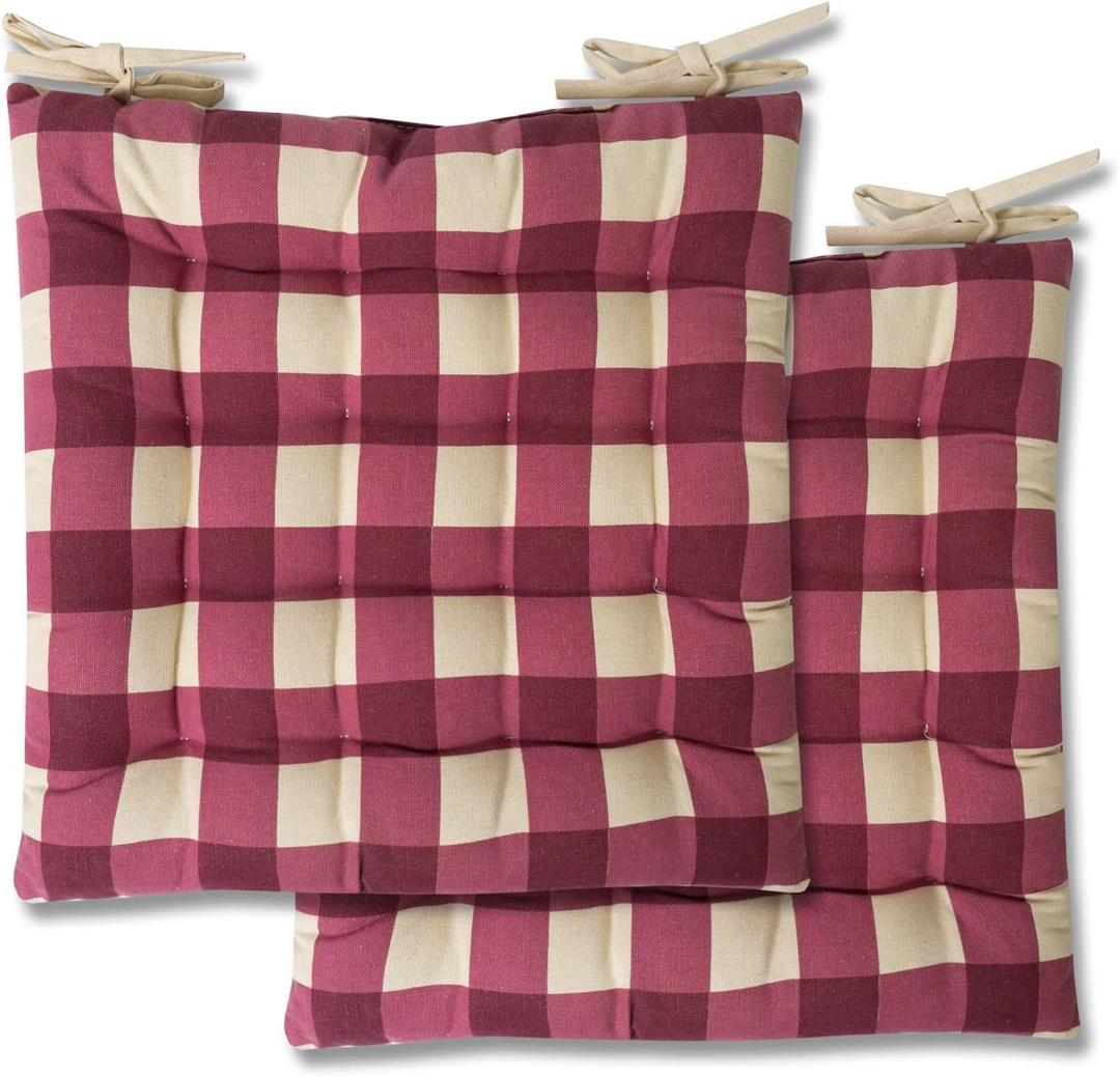 Sweet Home Collection Chair Cushion Seat Pads Indoor/Outdoor Printed Tufted Design Soft and Comfortable Covers for Dining Rooms Patio with Ties for Non Slip, Buffalo Check Burgundy (Pack of 3) (2 Count (Pack of 1))