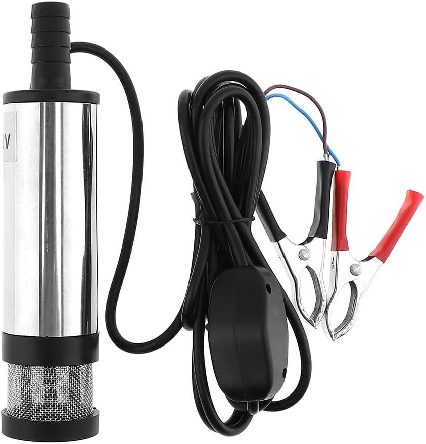 Submersible Electric Diesel Pump, 12V 3.8cm Silver Portable Aluminum Alloy Car Electric Submersible Pump Fuel Water Oil Barrel Pump with 2 Alligator Clips