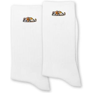 Funny Cat Socks for Women or Men - Cute Cartoon Cats Embroidery White Crew Socks. (White)