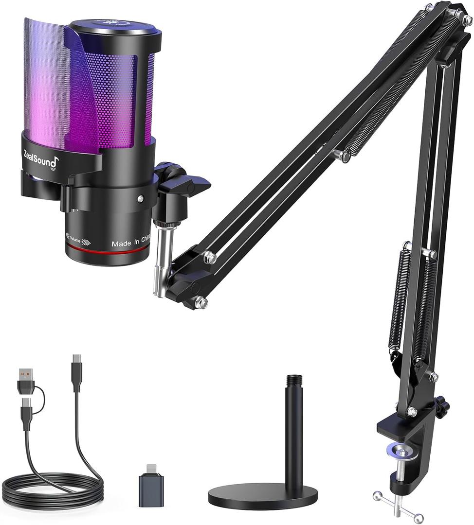 ZealSound Gaming Microphone for PC/Mac/iPhone/Phone  192kHz/24-bit Podcast Mic with Noise Reduction, Tap-to-Mute, Gain, Monitoring, Boom Arm, Pop Filter, RGB Lighting for Streaming, Gaming, Recording (Gradient)