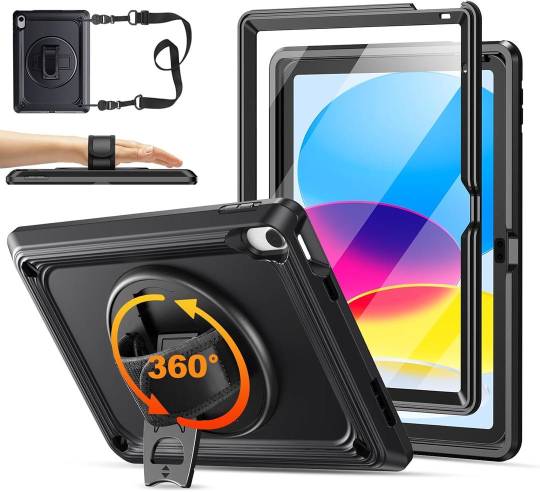 TSQQST iPad (A16) 11th/10th Generation Case 10.9 Inch 2025/2022 with Screen Protector | Military Grade | 360 Rotating Stand & Hand Shoulder Strap | Rugged Silicone Heavy Duty Drop Protection | Black