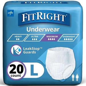 FitRight Super Adult Incontinence Underwear, Maximum Absorbency, Large, 40"-56", Packs of 20 (White, L)