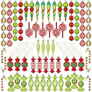 Glimin 120 Pcs Red and Green Christmas Tree Ornaments Christmas Ball Snowflake Hanging Candy Ornaments Swirl Lollipop Ornament Candy Cane Decorations for Xmas Tree Party Decor