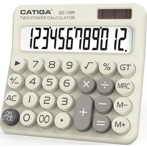 CATIGA Mechanical Switch Calculator with Solar and Battery Dual Power, 12-Digit Large LCD Display, Aesthetic and Cute Desktop Calculator with Big Button, for Home, School and Office Use, SD-1299 (Z) Beige)