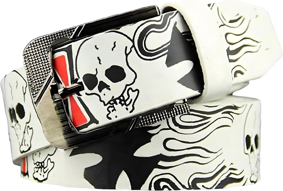 AIBEARTY Punk Skull Skeleton Pattern Pin Buckle Belt Gothic Casual Pu Leather Waistband for Women Men (43inch length, White)