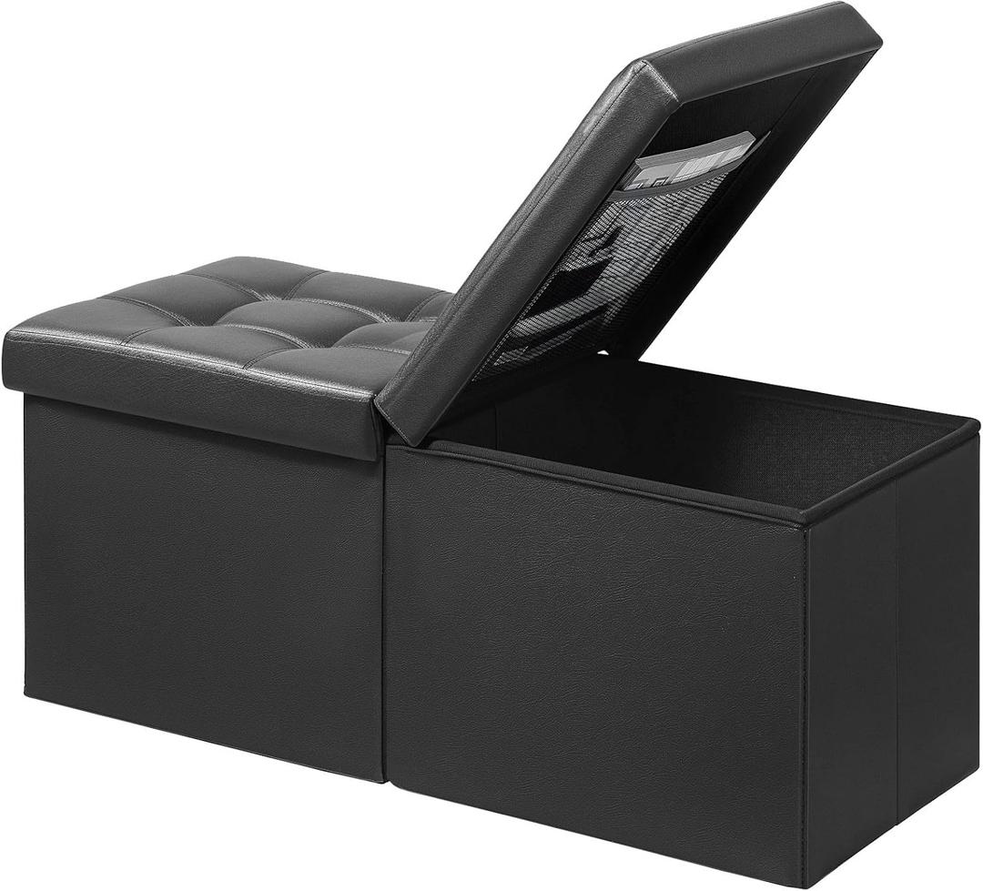 AmasSmile Footrest Ottoman Bench with Storage,34Inch Black Leather Footstool, Coffee Table, Padded Seat, Storage Chest,Blanket Store with Flipping Lid for Livingroom and Bedroom