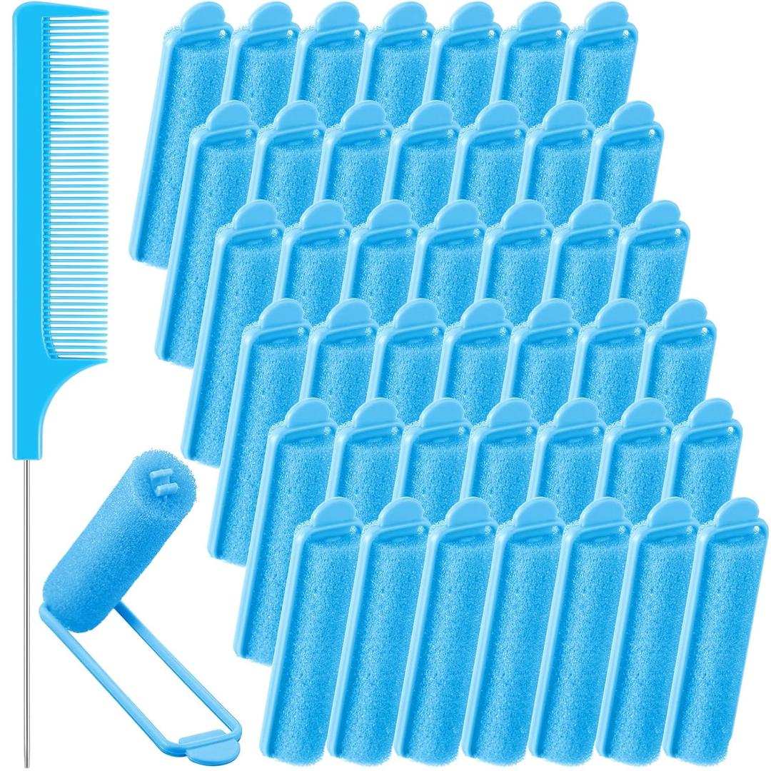 Syhood 43 Pcs Foam Sponge Hair Rollers Women 0.59 Inch Soft Sleeping Curlers Flexible Sponge Curler Tool and Rat Tail Comb for Hair Styling Hairdressing Overnight Curl and Volume (Dark Blue)