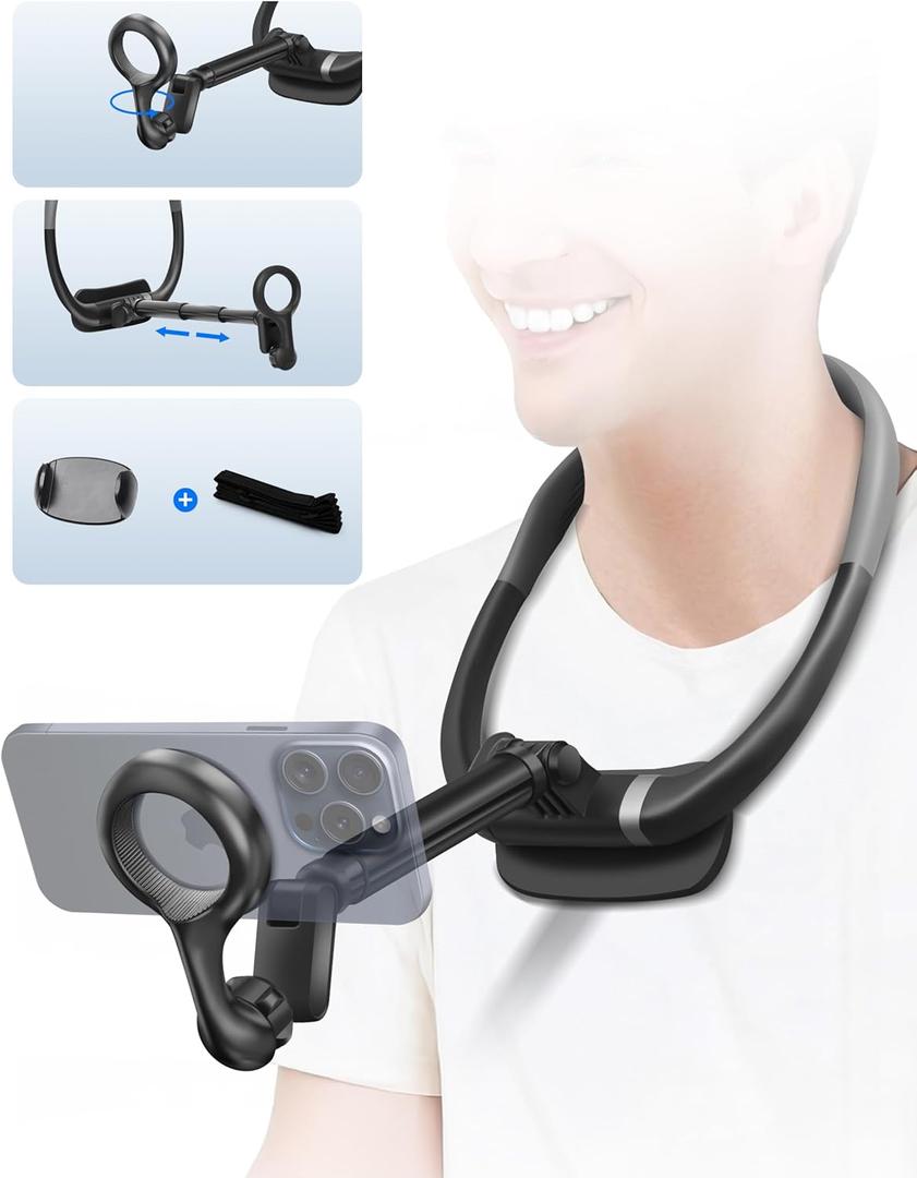 Neck Phone Holder for Recording, Magnetic Neck Mount for Phones with Extendable Pole (5-9 inch) and Extra Phone Clip, Hands Free POV Phone Holder Compatible with iPhone 15/16 Series and all Cell Phone