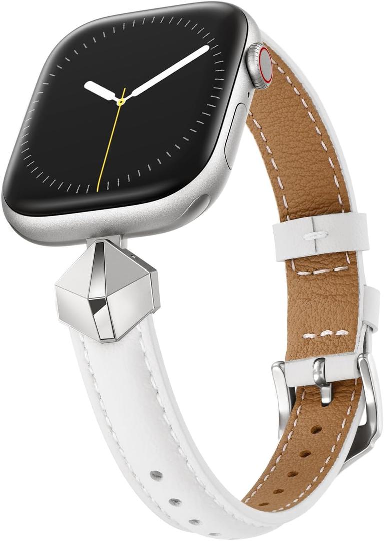 WFEAGL Leather Band Compatible with Apple Watch Bands Women 49mm 46mm 45mm 44mm 42mm(Series 3 2 1),Dressy Slim Grain Genuine Leather band for iWatch Ultra SE Series 11/10/9/8/7/6/5/4/3/2/1-White/Silver