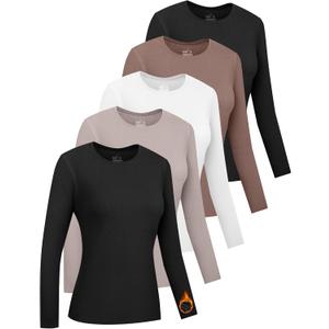 HOPLYNN 5 Pack Womens Long Sleeve Thermal Shirts Crew Neck Double Sided Fleece Lined Baselayer Tops for Cold Weather (X-Large, 2 Black 1 White 1 Coffee 1 Wheat)