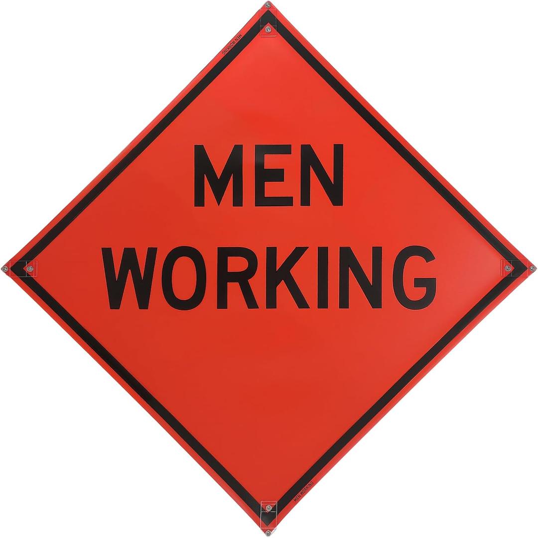 MorningRo 36" x 36" MUTCD TTC Compliant Safety Orange Mesh, Rollup Traffic Control Sign Non Reflective Fluorescent Vinyl Orange MEN WORKING Metal Sign, Fiberglass Cross Ribs for 36"