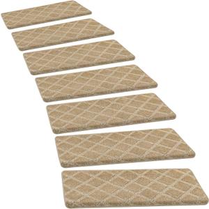 PURE ERA Bullnose Carpet Stair Treads Set Tape Free Non-Slip Indoor Stair Protectors Pet Friendly Rugs 9.5" x 30" (14 Pieces, Khaki Diamond Trellis)