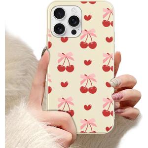 Red Cherry Bow Design Phone Case for iPhone 15 Pro Max,Cute Trendy Aesthetic Fruit Retro Preppy Y2k Girl Woman Protective Cover for iPhone 15 Pro Max 6.7 Inch