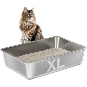 EGMEHOAD Stainless Steel Litter Box -6in High Sided,XL Metal Cat Litter Box for Big Cats Easy to Clean, Cat LitterBox Metal Pet Toilet for Adult Big Cats,Non Stick, No Smell,23.6"x15.8"x6"