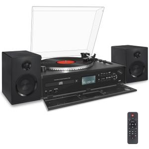 LUXSWAY Vinyl Record Player, Hi-Fi System Bluetooth Turntable Players with Stereo Bookshelf Speakers, Belt Drive 2-Speed, LCD Displayer with CD Player,USB Encoding, FM Radio, Remote Control Included