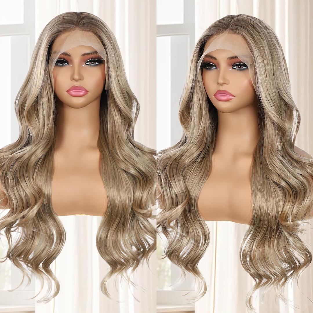 Ash Blonde Lace Front Wig, 13x4 Body Wave Synthetic lace Front Wigs for Women Omber Pre-plucked Long Wavy 150% Density Natural Heat Resistant Hair Daily Use 26 Inch