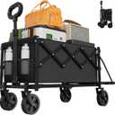 Collapsible Wagon with Wheels, 350lbs Wagons Carts Foldable Wagon Cart with Expandable Storage 100L & Flexible Handle, Lightweight Portable Folding Utility Grocery Shopping Cart for Garden Camping (Medium, Black-upgrade)