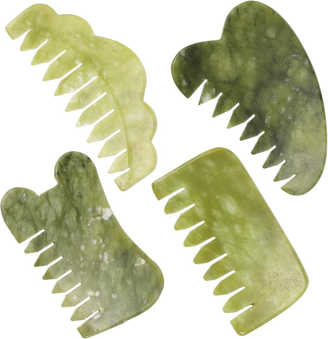 Healifty Jade Gua Sha Comb for Scalp Massage and Hair Care 3.5 Inch Natural Jade Scraping Tool for Facial and Body Relaxation Multi-Functional Crystal Hair Comb (4 Styles)