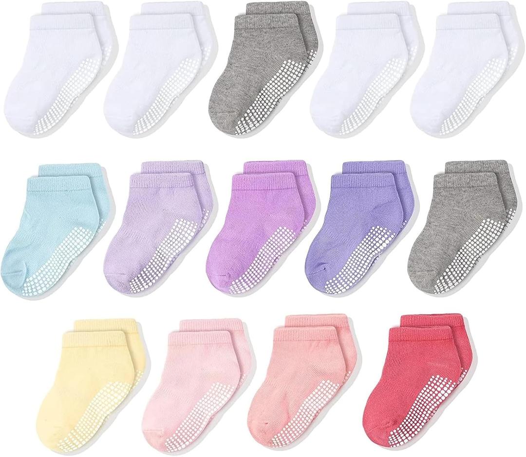 CozyWay Girls Non-Slip Ankle Socks - Soft Cotton Grippy Ankles - Slip-Resistant Design for Girls Socks with Grips - Low-Cut Fit, 5-7 Years, 14-Pack