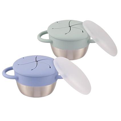 Elk and Friends Stainless Steel Snack Cups | Removable Silicone Food Catcher and Travel Lid | Spill-Proof Snack Containers for Baby, Toddler, Kids | Dishwasher Safe | 2 Pack