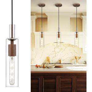 AUTELO Farmhouse Pendant Lights Kitchen Island, 1-Light Pendant Light Fixtures, Dark Wood Grain Hanging Lamp with Clear Cylinder Glass, Pendant Lighting for Kitchen Island, Dining Room, H3875 DW (Small - 1 Pack)