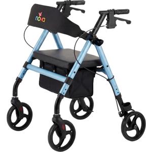 NOVA Vega Rollator Walker - Lightweight 18 lb Folding Mobility Walker, 8” Wheels, Adjustable Height, Hand Brakes, Padded Seat & Backrest, Sky Blue