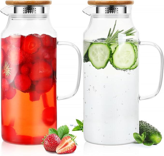 2 Pcs Glass Pitcher with Lid and Spout, Glass Carafe for Hot/Cold Water with Handle, Iced Tea Pitchers Beverage Pitchers for Fridge Coffee, Juice and Homemade(Stainless Steel, Bamboo,68 oz)