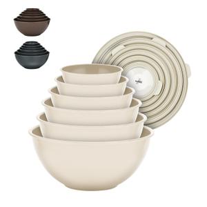 Bakken Master 12 Piece Plastic Nesting Bowls with Lids - Mixing Bowls Set includes 6 Prep Bowls and 6 Lids, BPA-Free, Reusable Meal Prep Containers, Microwave, Freezer & Dishwasher Safe, White Cream