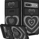 (2in1 for Google Pixel 7 Case for Women Cute Girls Love Heart Cool Phone Cover Black Heart Girly Pretty Kawaii Design with Camera Cover+ Ring Stand for Google Pixel 7 Phone Case