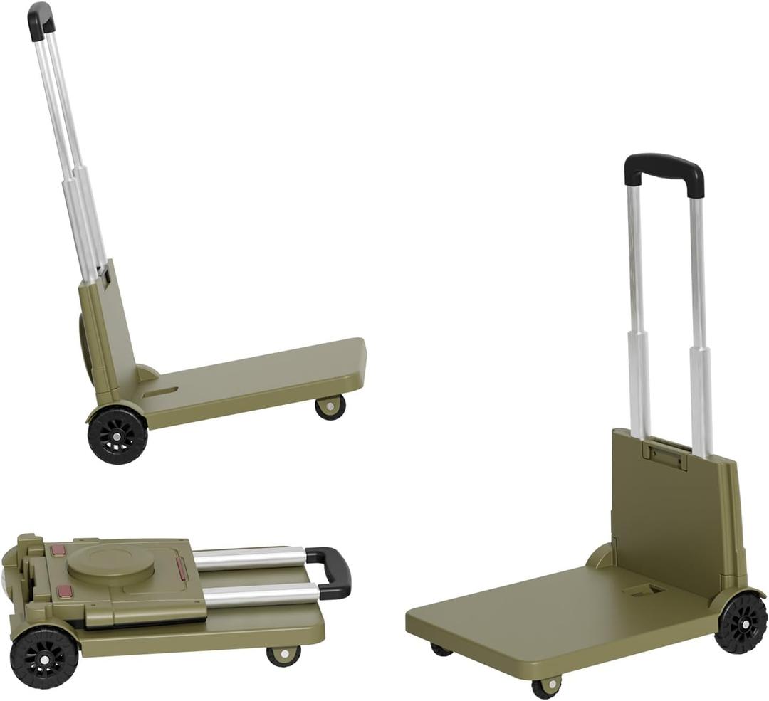 Folding Hand Truck | Heavy-Duty Dolly Cart with Fixed Base & Locking Bungee Cord | 4 Fixed Wheels for Straight-Line Stability in Office, Moving & Logistics (220LBS, Green)