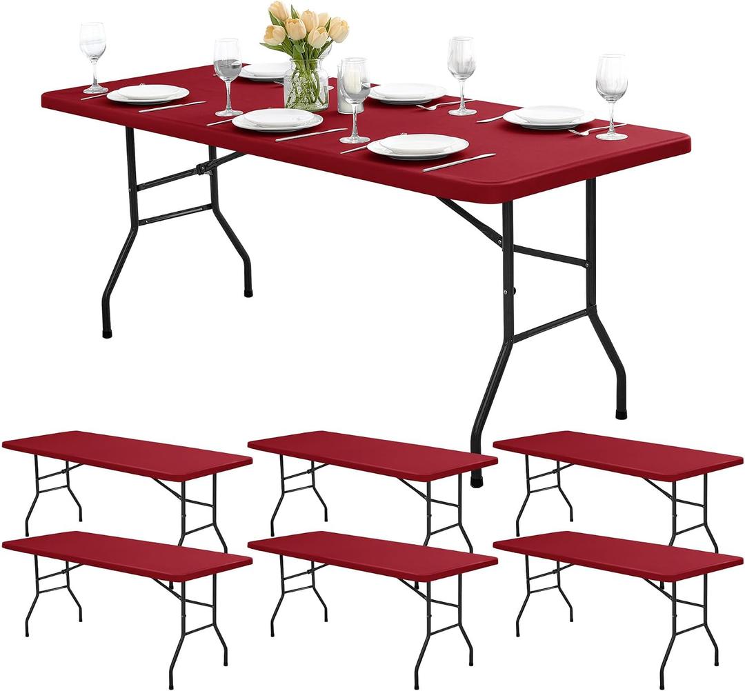 Fitted Tablecloths for 6-Foot Rectangle Tables - 6 Pack Outdoor Picnic Table Covers with Elastic, Washable Folding Table Protector for Party Banquet Graduation, 30x72 Inch, Red