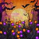 Albelt Halloween Decorations Outdoor, 6 Pack Solar Firefly Lights Outdoor, 48 LED Solar Halloween Lights, Waterproof Swaying Garden Light (Sway by Wind) for Outside Pathway Decor (Orange and Purple)