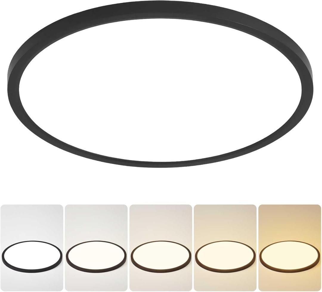 9 Inch Flush Mount Ceiling Light, 5 Color Adjustable Slim 18W 1800LM 2700K-6500K Wired LED Fixture, Modern Low Profile LED Ceiling Lamp for Hallways, Kitchen, Bedroom, Closets, Bathroom, Round, Black