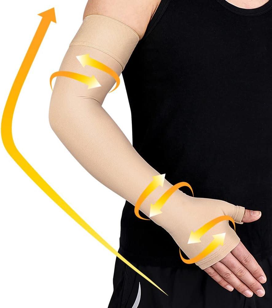 beister Lymphedema Medical Compression Arm Sleeve with Gauntlet for Men & Women (Single), 20-30 mmHg Full Arm Support with Dot Silicone Band, Graduated Compression Arm Brace for Swelling, Arthritis (Large, Beige)